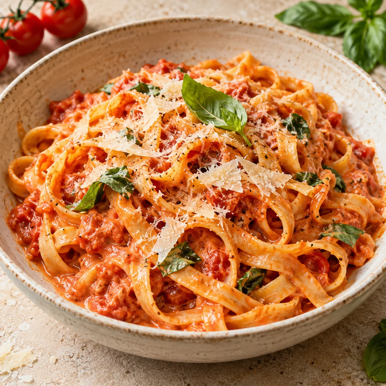 Pasta with tomato sauce and basil